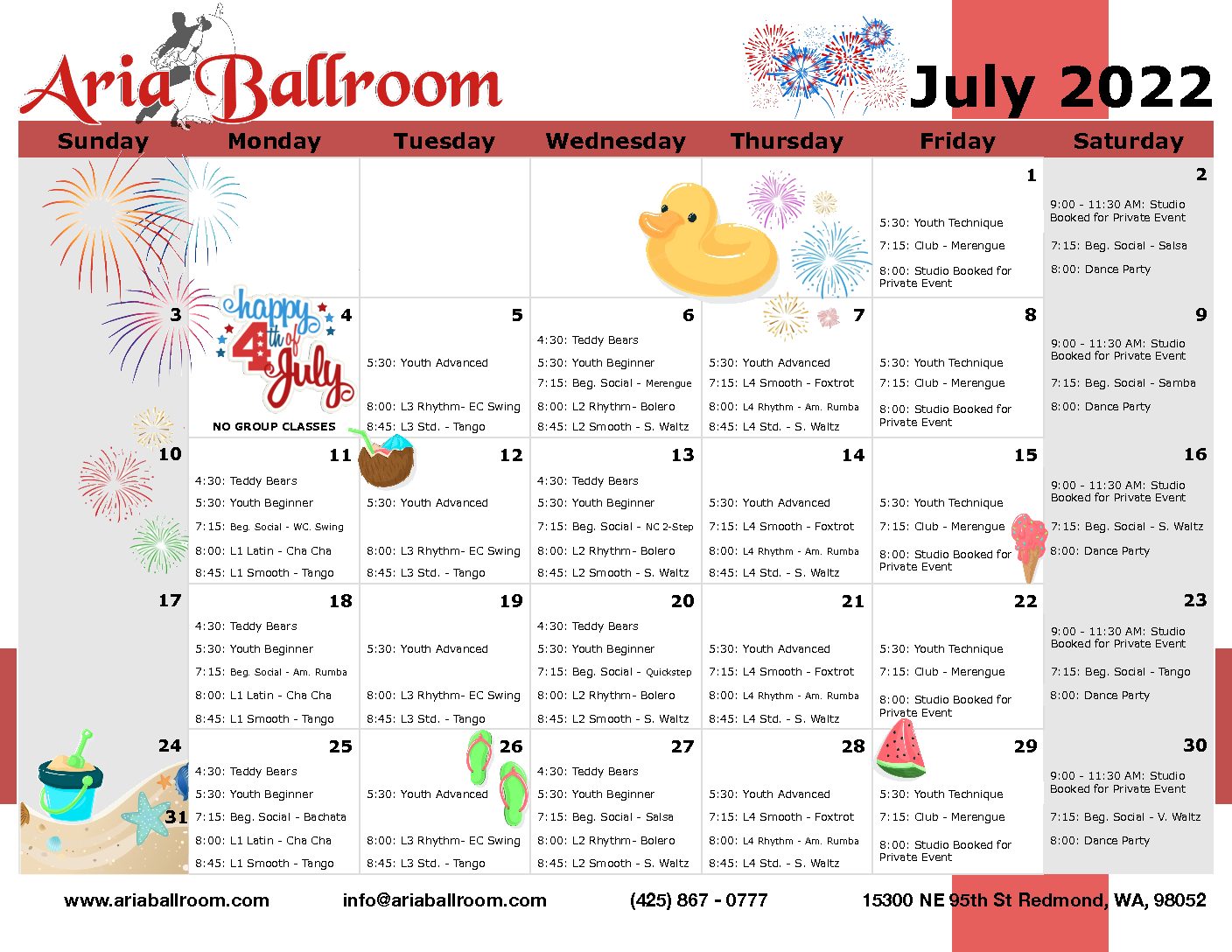 Calendar of Classes and Events Aria Ballroom
